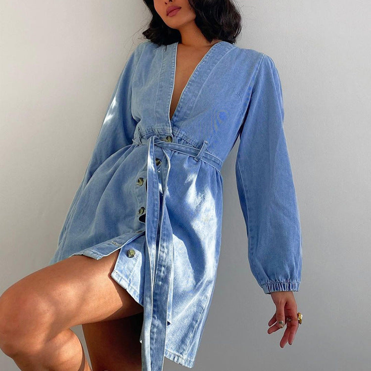 Women'Autumn Winter V neck Long Sleeved Denim Dress High Waist A line Dress