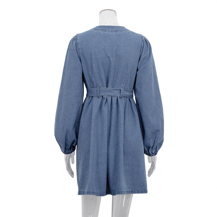 
                  
                    Women'Autumn Winter V neck Long Sleeved Denim Dress High Waist A line Dress
                  
                