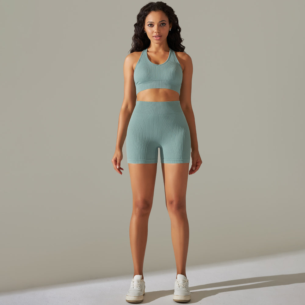 
                  
                    Knitted Seamless Peach Hip Raise Yoga Thread Shorts Sports Yoga Fitness Sports Back Shaping Bra Set
                  
                