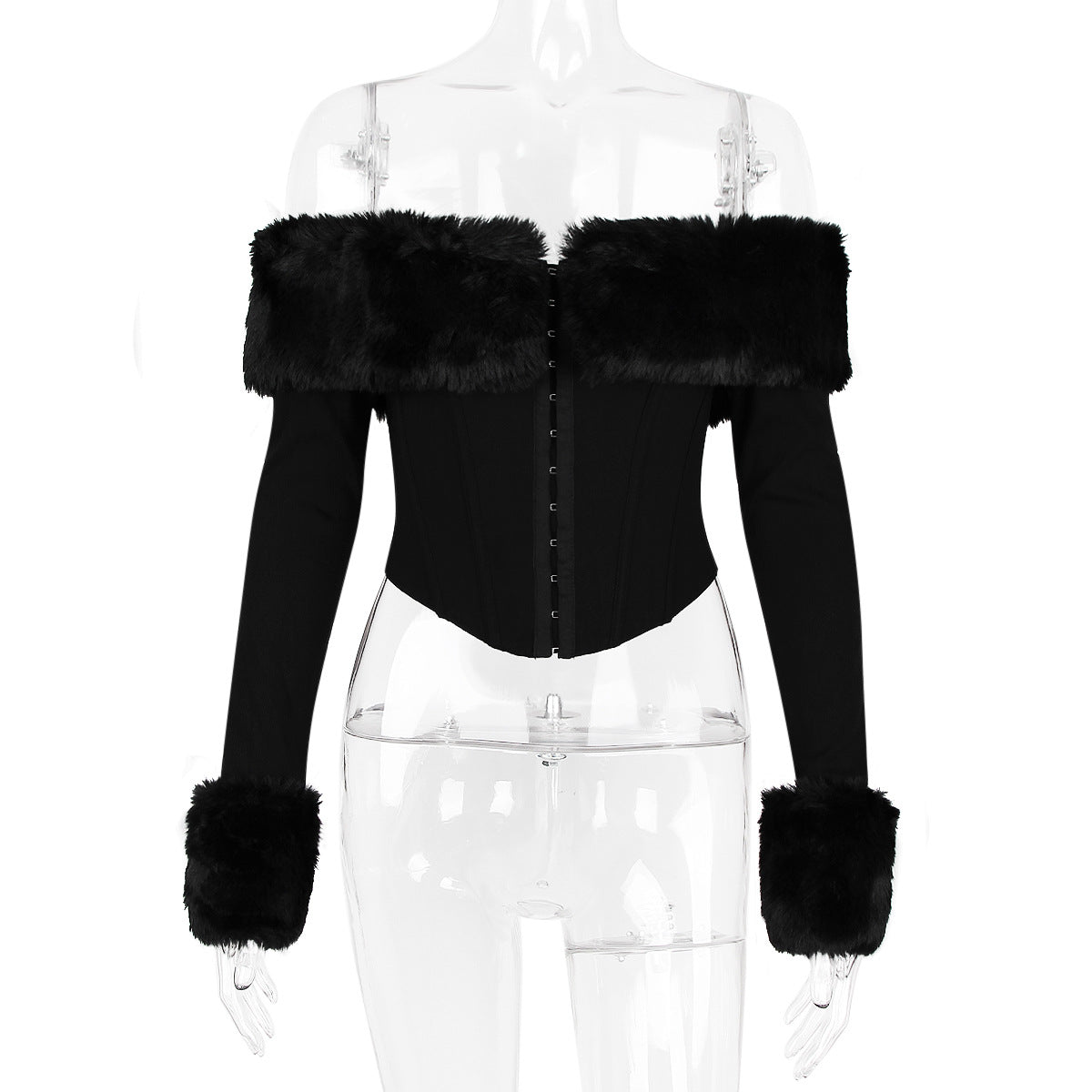 
                  
                    Autumn Winter Sexy Wear Fur Collar off Shoulder Boning Corset Long Sleeve Short Slim Top Women Clothing
                  
                