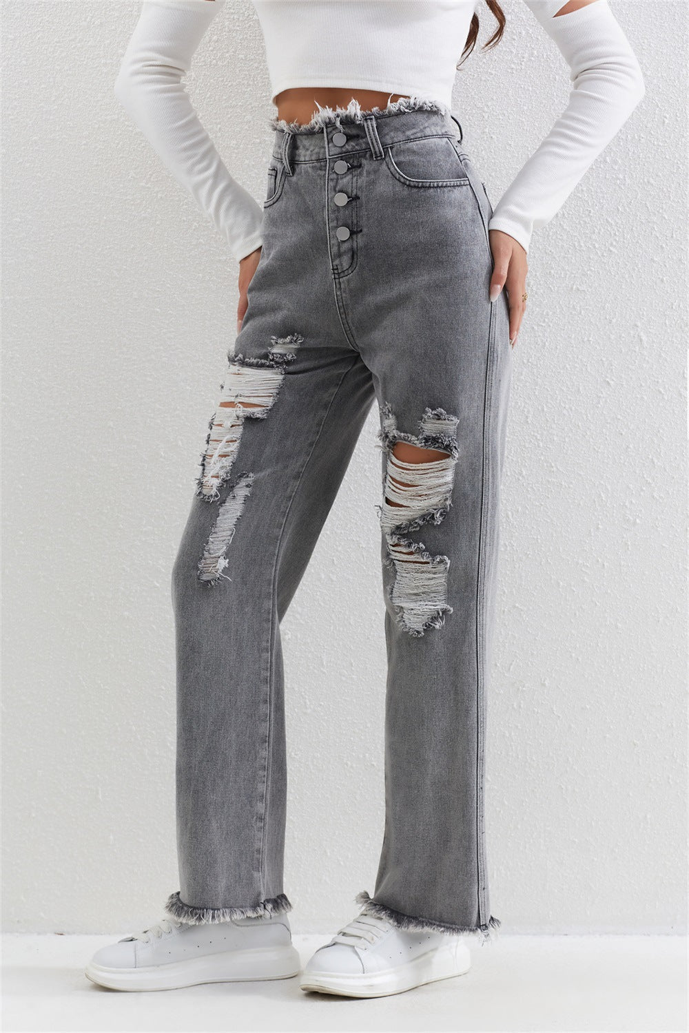 
                  
                    Women Clothing Gray Washed Ripped Straight Jeans Womenjeans
                  
                