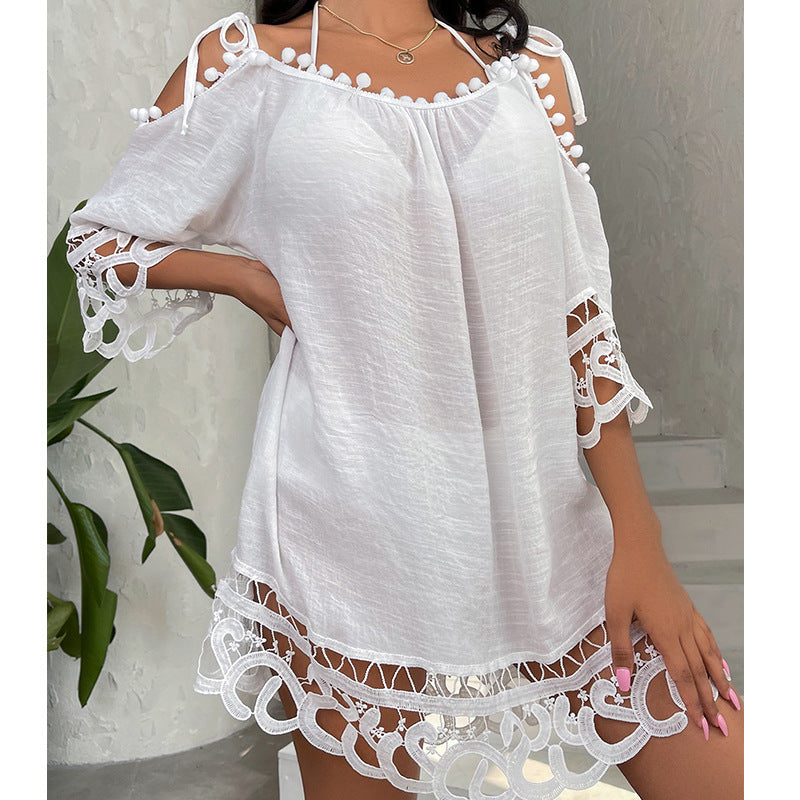 Cutout Lace off Shoulder Strap Sexy Solid Color Loose Casual Vacation Beach Sun Protection Swimsuit Blouse