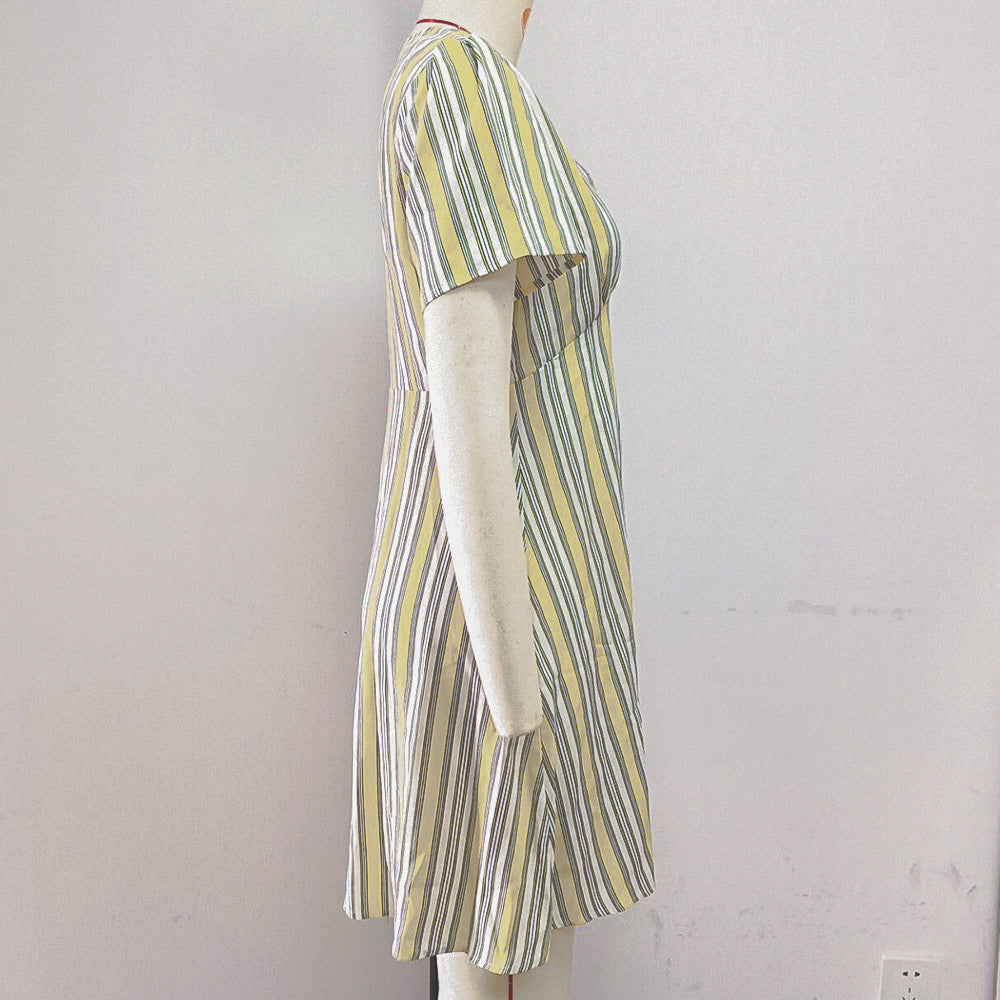 
                  
                    Summer Lemon Yellow Striped Sexy Women Dress V-neck Vitality Sweet Short Sleeve Dress
                  
                