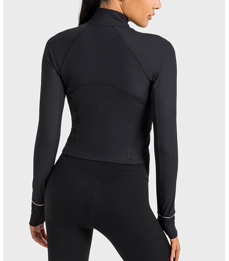 
                  
                    Vertical Stripe Rib Zero Sense High Elastic Reflective Stripe Sports Jacket Women Short Half Zipper Yoga Long Sleeve
                  
                