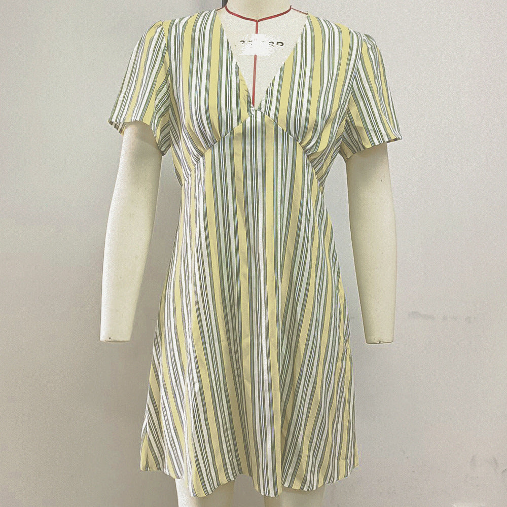 
                  
                    Summer Lemon Yellow Striped Sexy Women Dress V-neck Vitality Sweet Short Sleeve Dress
                  
                