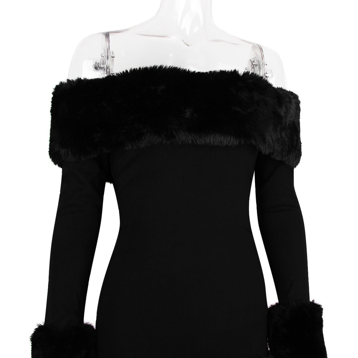 
                  
                    Black Plush Long Sleeve off Shoulder Dress Autumn Winter Women Fur Backless Sexy Hip
                  
                