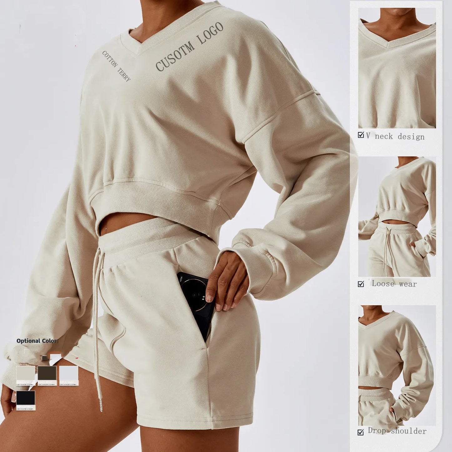 
                  
                    Cotton Oversized v Neck Hooded Sweatshirt Women Fall Two Piece Shorts Sets
                  
                