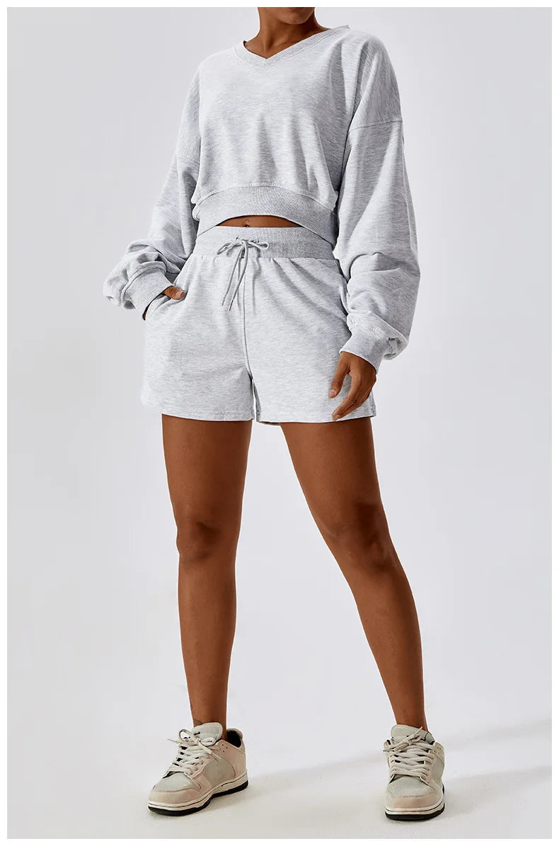 
                  
                    Cotton Oversized v Neck Hooded Sweatshirt Women Fall Two Piece Shorts Sets
                  
                