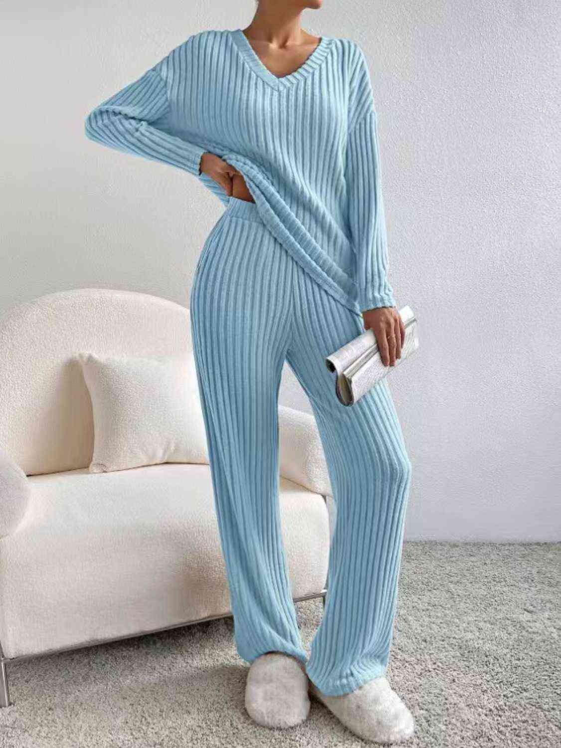 
                  
                    Ribbed V-Neck Long Sleeve Top and Pants Set
                  
                